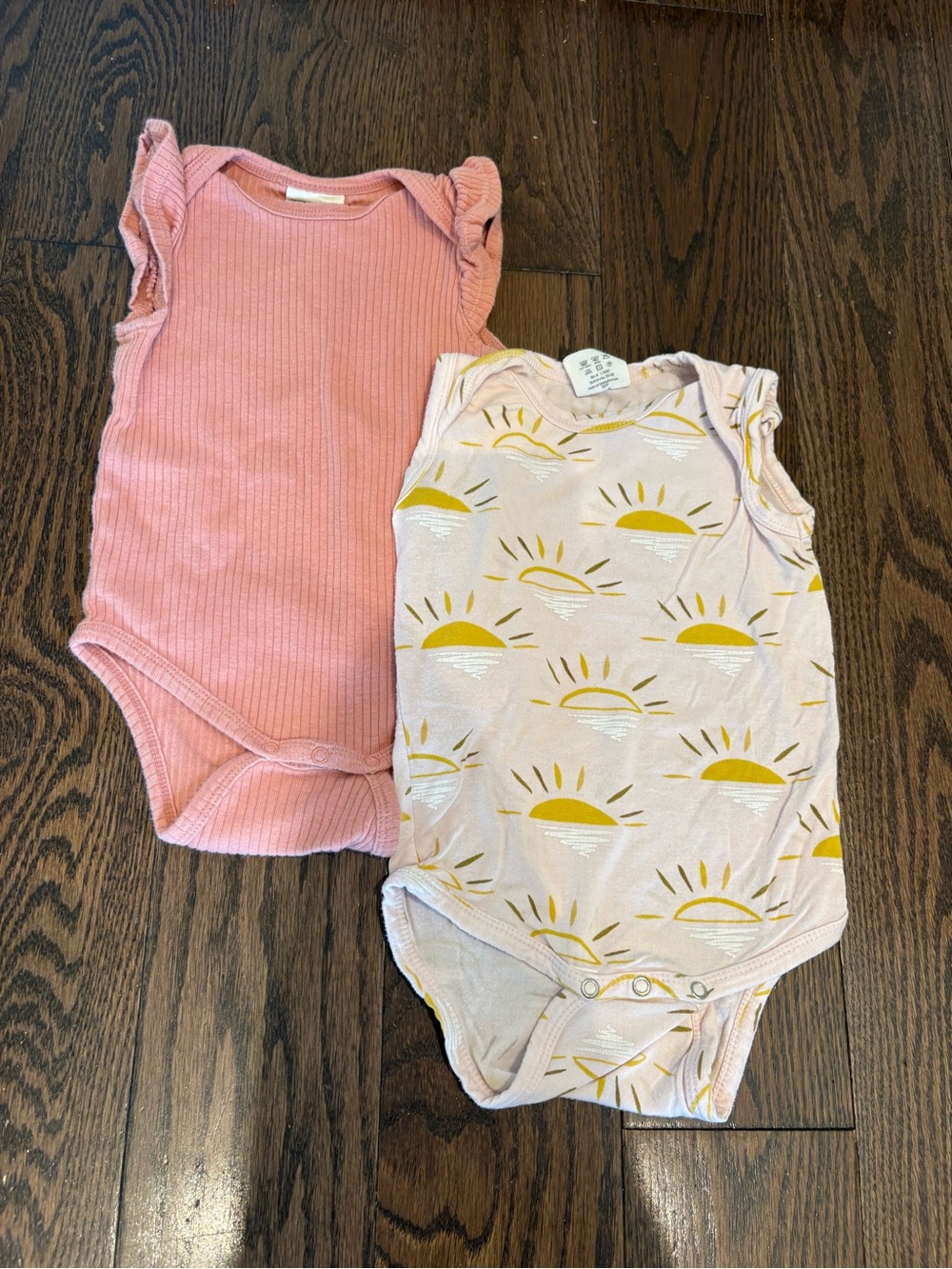Spearmint Love 12-18 Pink Ribbed & Sun Print Baby Onesies - Pink, Yellow
